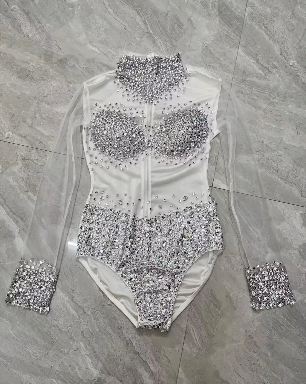 Rhinestone Encrusted Mesh Performance Bodysuit