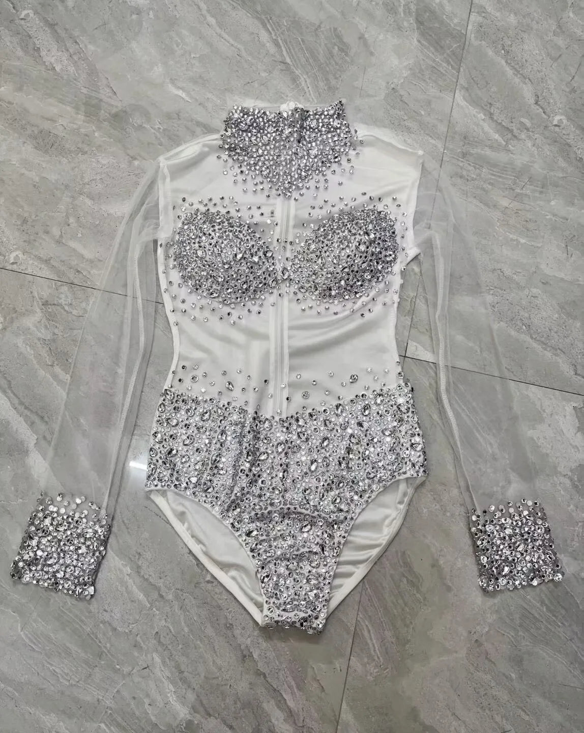 Rhinestone Encrusted Mesh Performance Bodysuit
