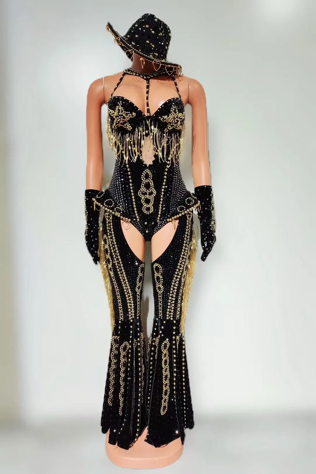 The Stardust Showstopper 4-Piece Rhinestone Ensemble – Luxury Stage Bodysuit & Jumpsuit Set