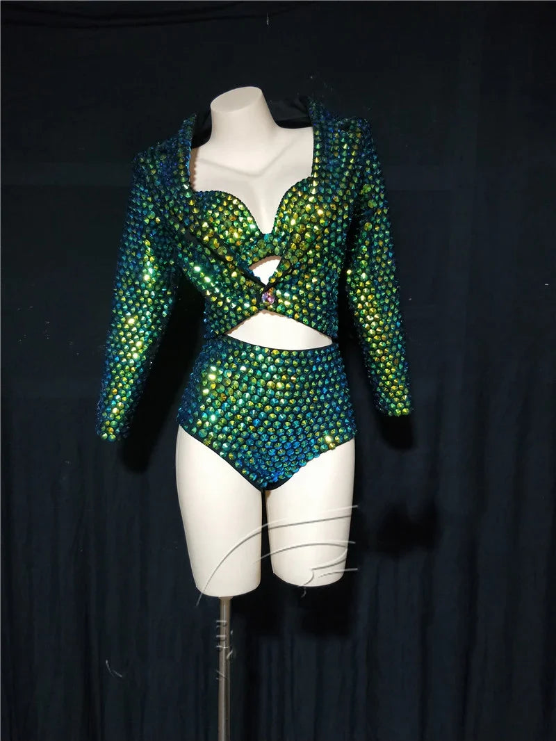 The Stardust Emerald Siren 3-Piece Suit – Luxury Rhinestone Cabaret Ensemble