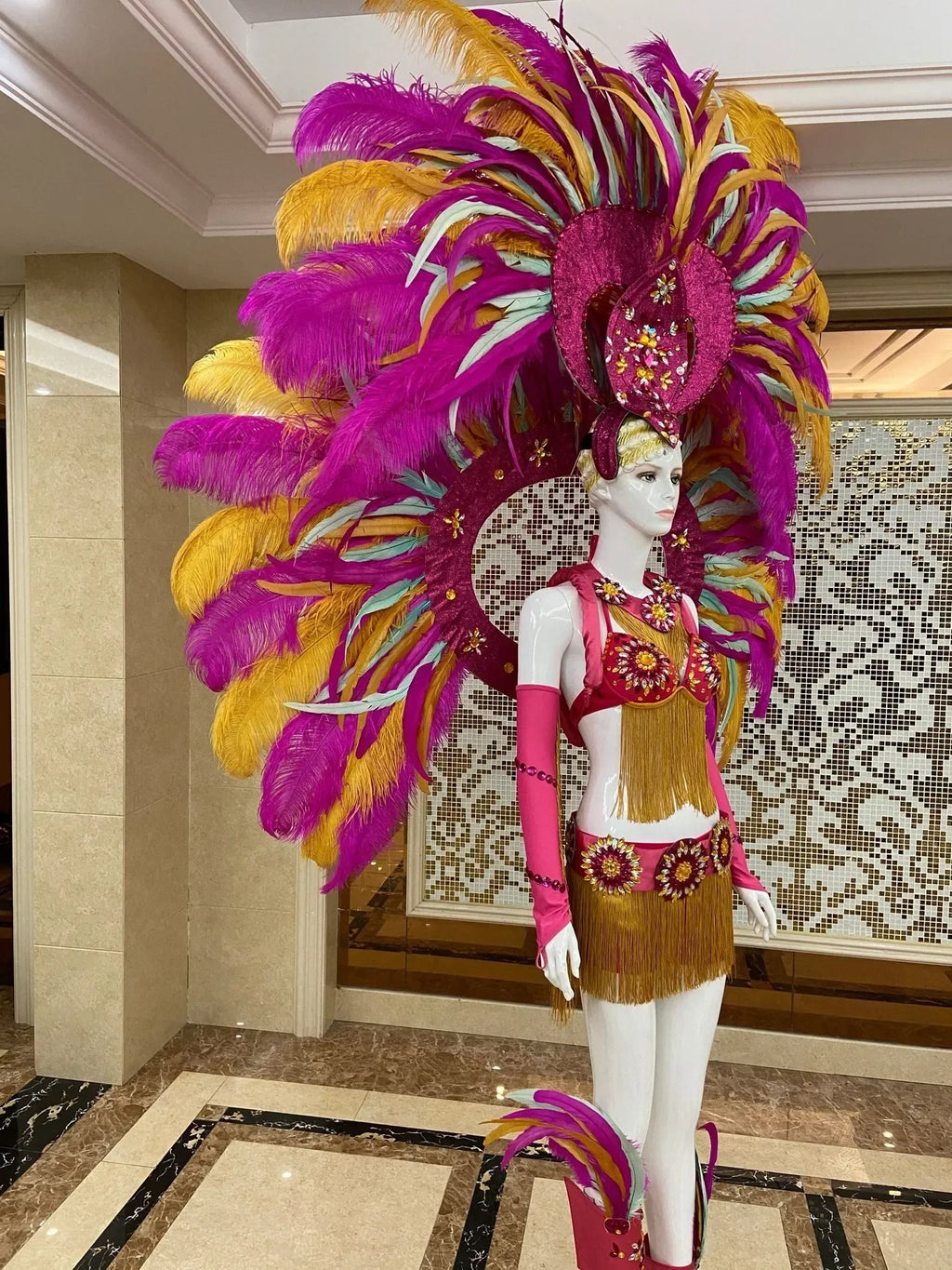 Regal Feathered Backpiece and Rhinestone Costume Set
