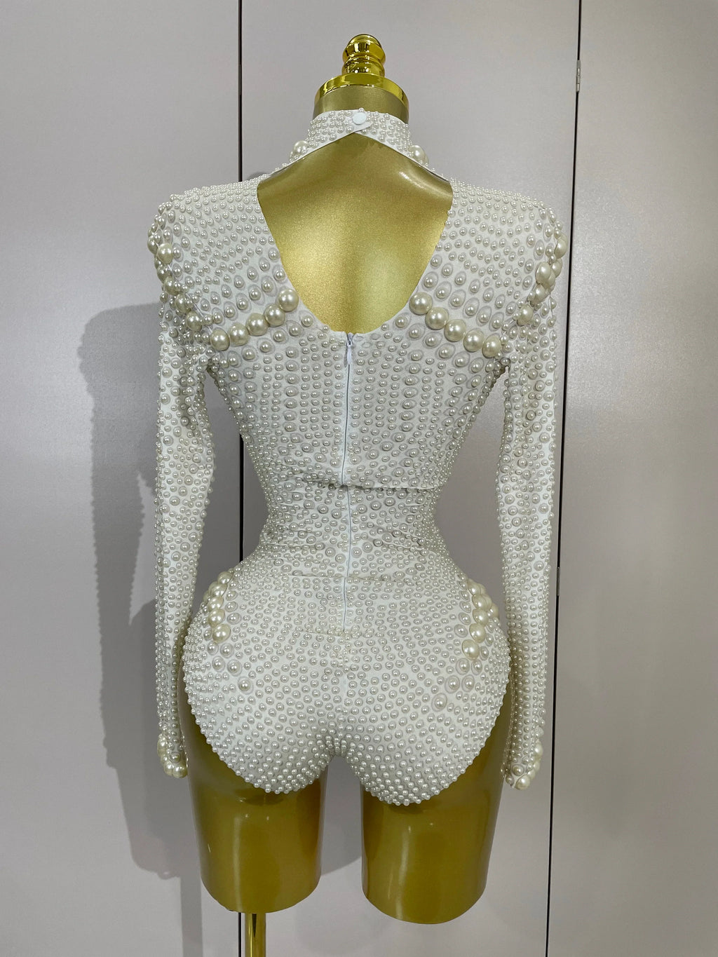 Luxury Full Pearl Long-Sleeved Stage Bodysuit Leotard Evening Performance Costume