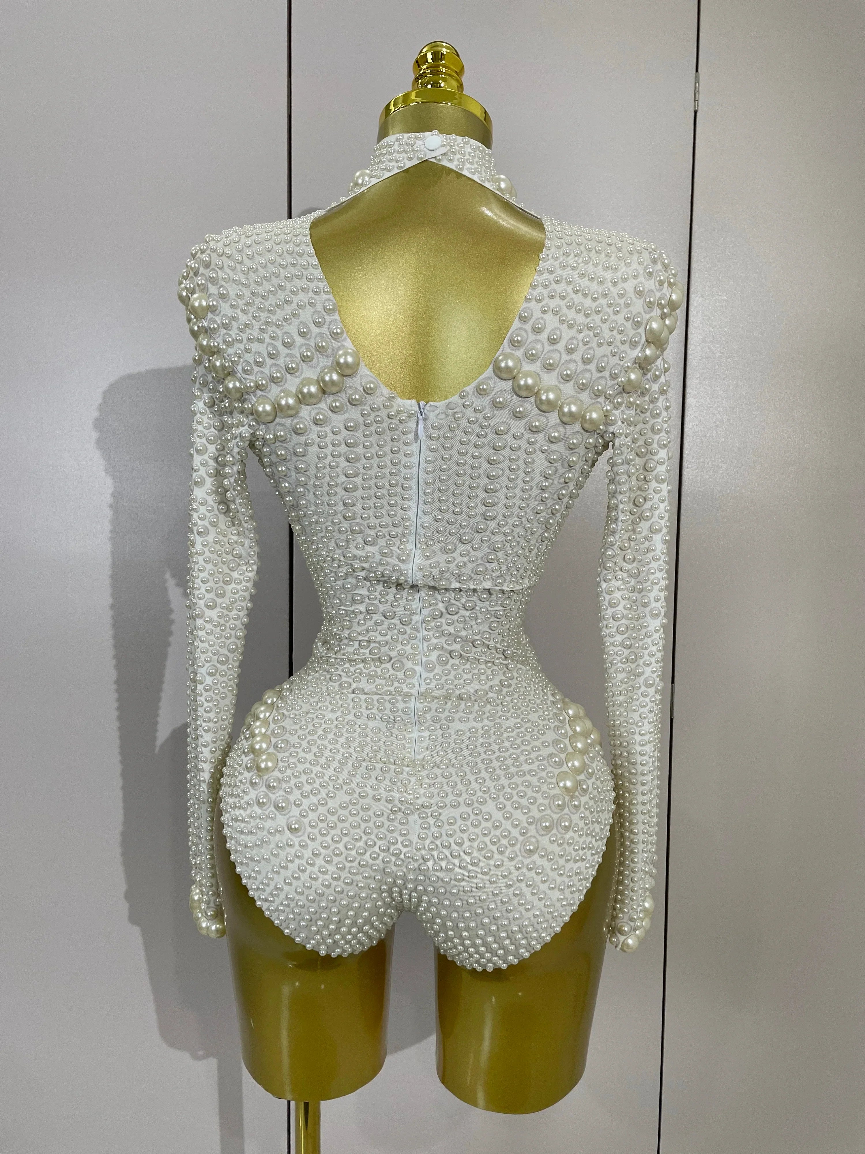 Luxury Full Pearl Long-Sleeved Stage Bodysuit Leotard Evening Performance Costume