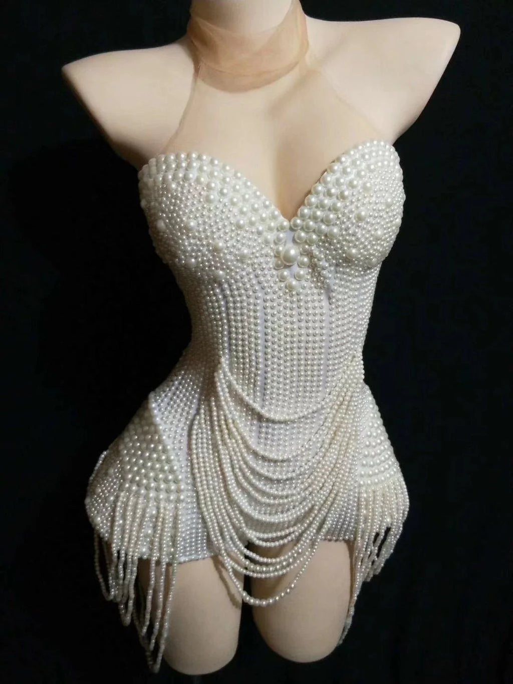 The Stardust Pearl Cascade Bodysuit – Luxury Beaded Tassel Showgirl Costume