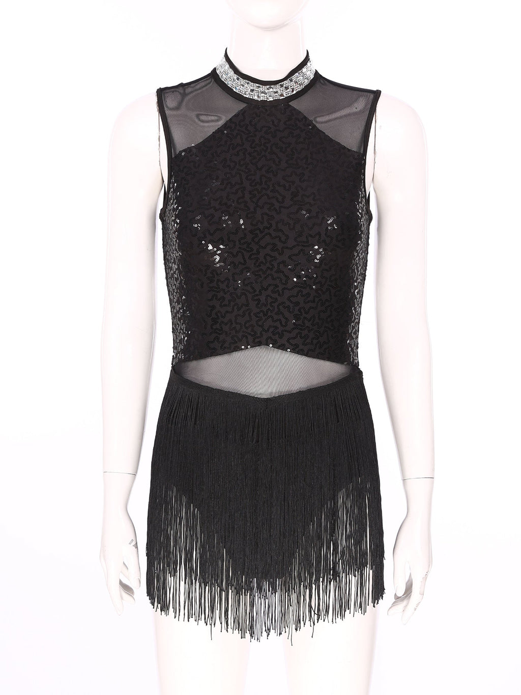 Women Sequins Diamond Latin Jazz Dance Costume Sleeveless Cutout Back Flowy Tassel Dress Leotard Tango Cha-Cha Samba Dancewear