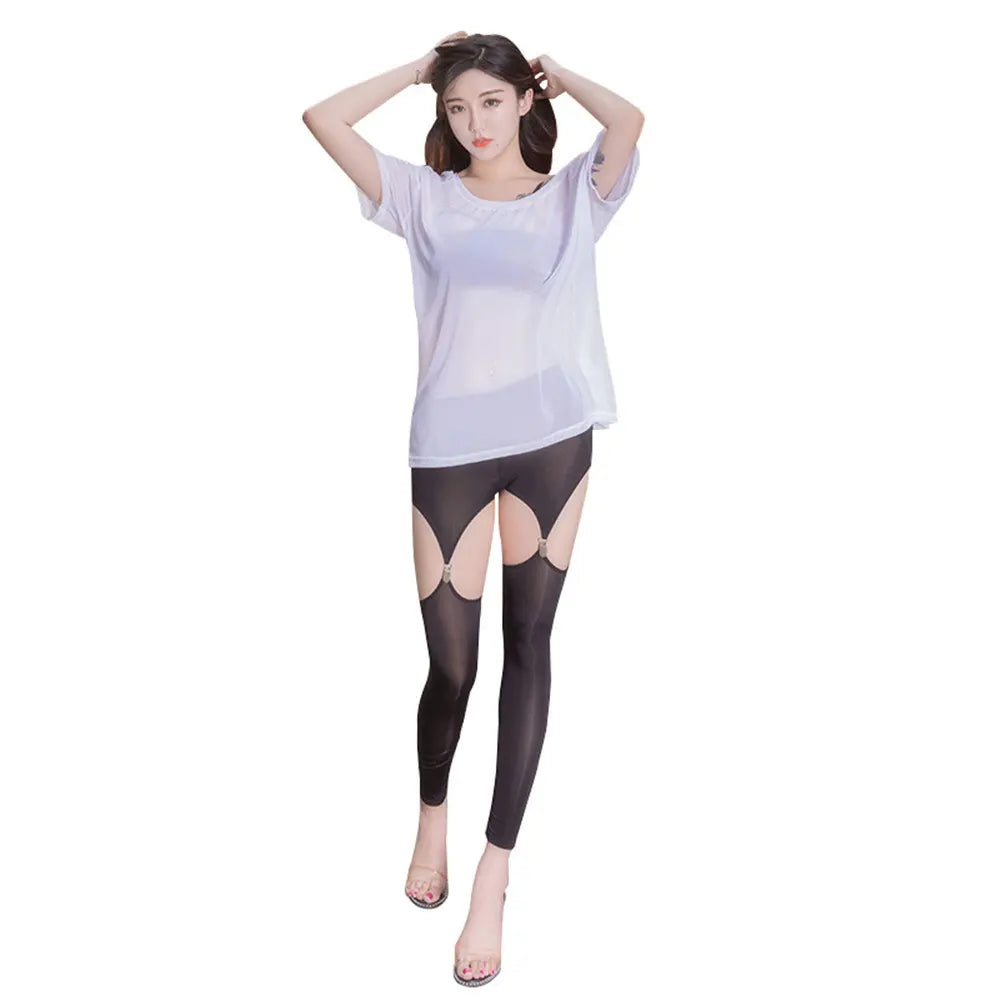 Hollow Out Buckle Shaper Oil Shiny Leggings Garter Belt Pencil Pants