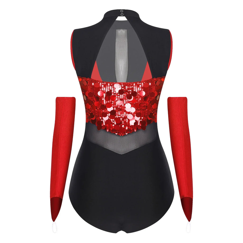 Sparkly Sequin Mock Neck Dance Leotard & Gloves Two-Piece Bodysuit Set