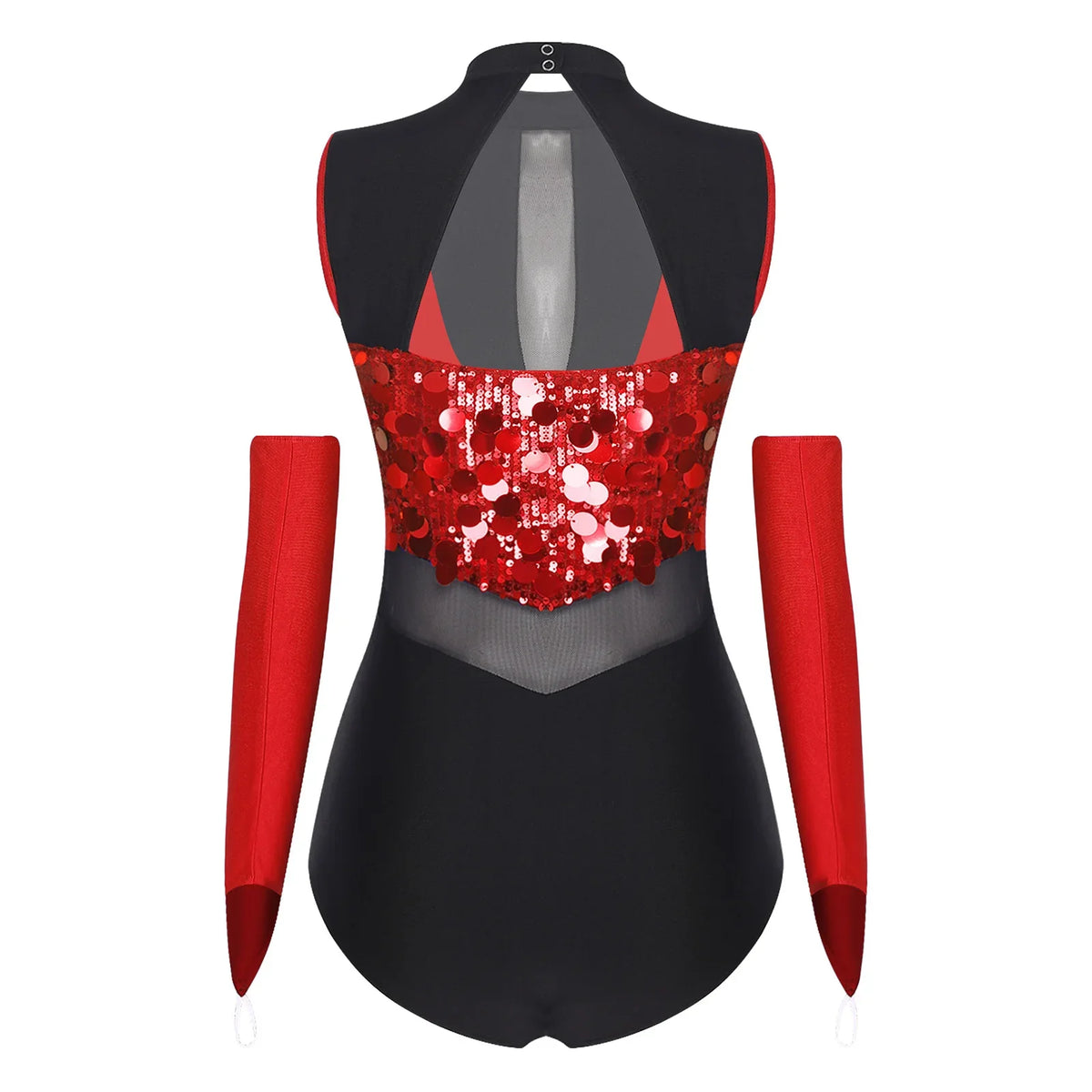 Sparkly Sequin Mock Neck Dance Leotard & Gloves Two-Piece Bodysuit Set