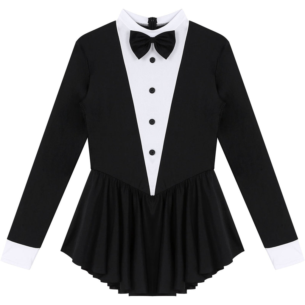 Tuxedo Bowknot Long Sleeve Ruffle Leotard Dress Magician Costume