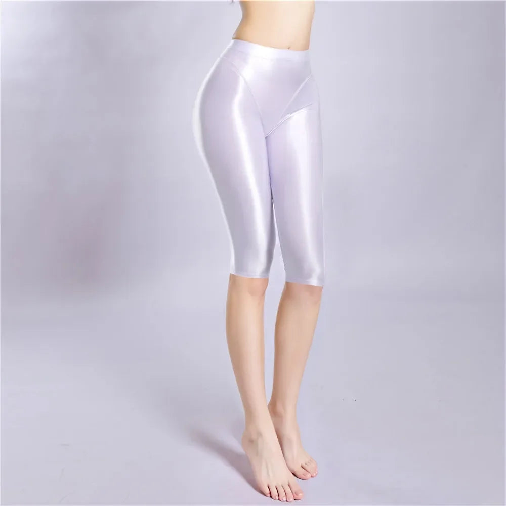Women's Oil Glossy Sheer High-Waist Shaping Shorts Satin Smooth Leggings