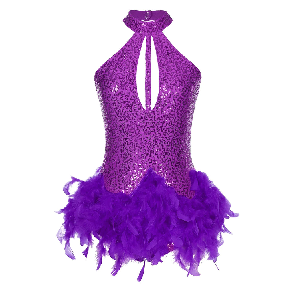 The Stardust Empress Royale – Sequined & Feathered Latin Dance Leotard Dress