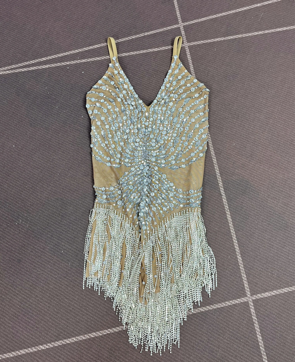 Flashing Crystal Rhinestone Chain Sheer Nude Mesh Stage Bodysuit Dance Leotard