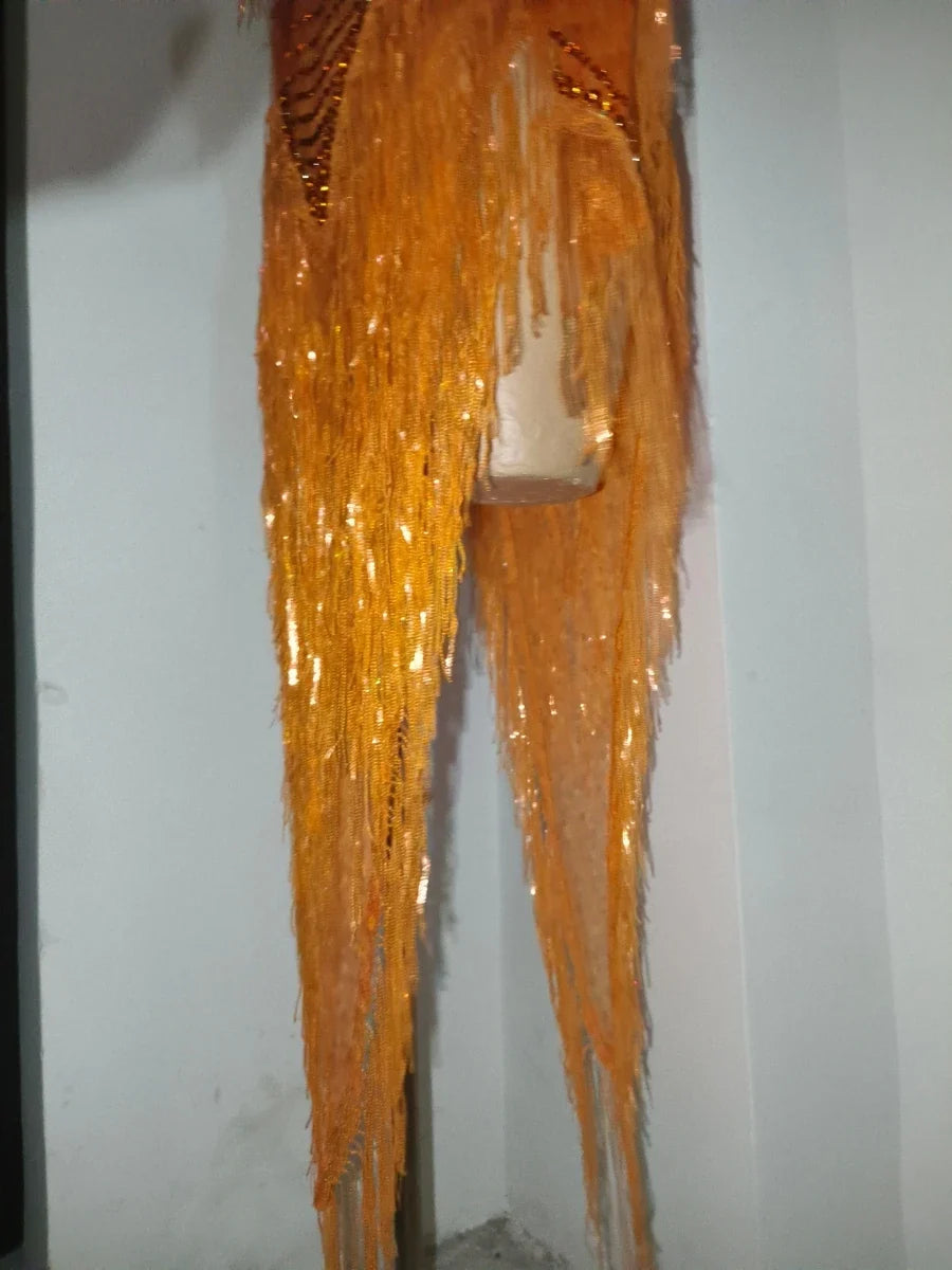 Orange Sparkly Crystal Fringe Bodysuit Off-Shoulder Stage Performance Costume Leotard