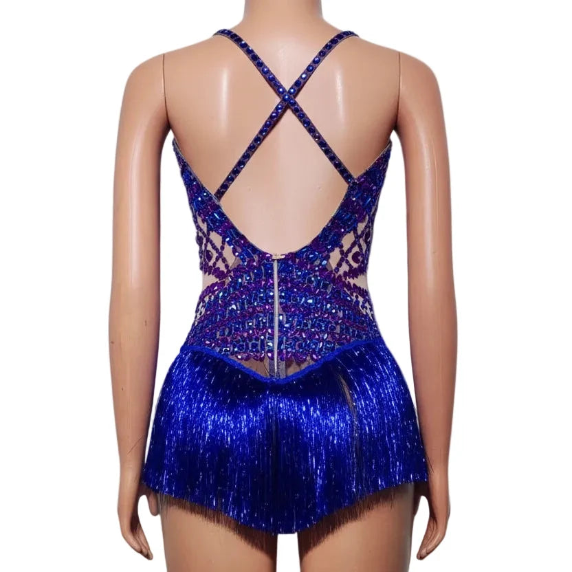 Rhinestone Fringe Bodysuit with Cutout Mesh Panels