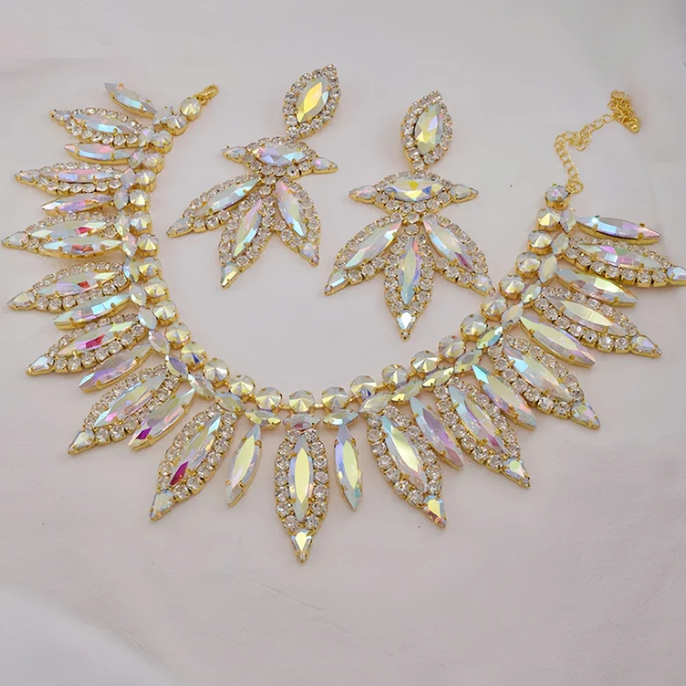 AB Gold Rhinestone Crystal Necklace & Earring Set