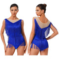 Sparkly Rhinestone & Tassel Fringe Latin Dance Leotard Crew Neck Bodysuit