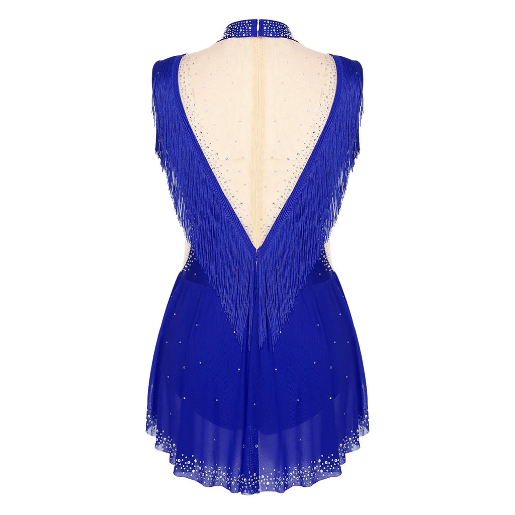 Rhinestone Mock Neck Mesh Tassel Leotard