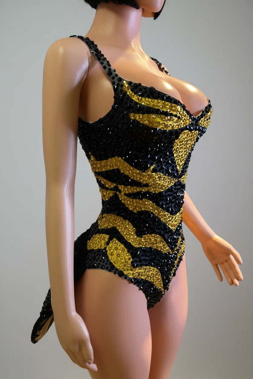 Prismatic Crystal Cutout High-Cut Bodysuit Sparkly Geometric Rhinestone Stage Costume