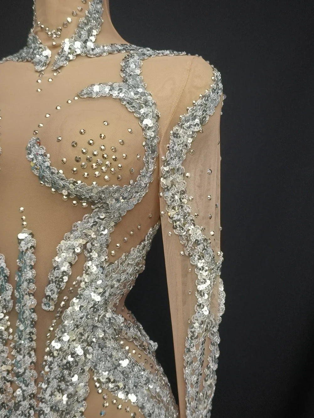 Sparkly Silver Rhinestone & Sequin Long-Sleeve Sheer Mini Dress Stage Performance Costume