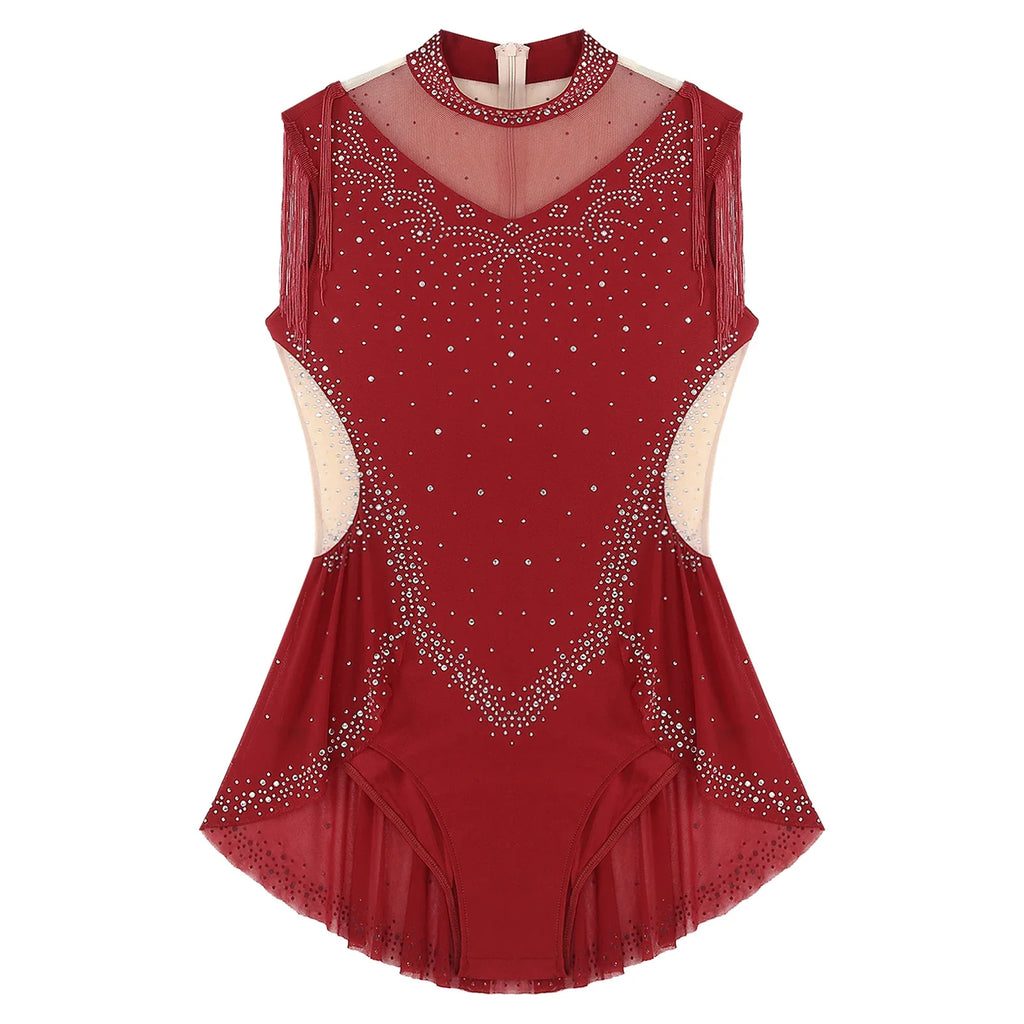 Rhinestone Mock Neck Mesh Tassel Leotard