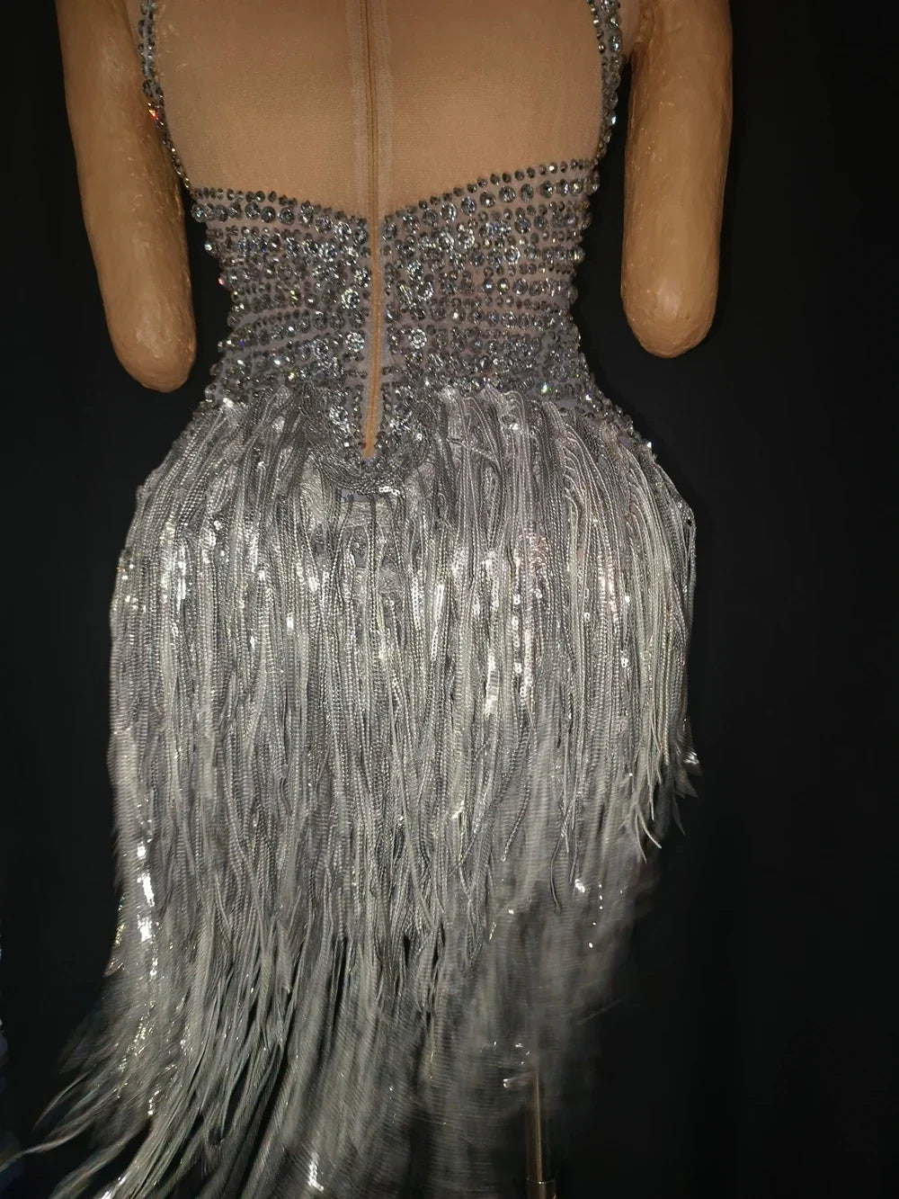 The Stardust Lumina Illusion – Silver Rhinestone & Tassel Performance Bodysuit