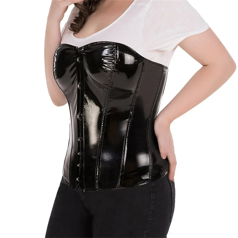 Steampunk PVC Leather Overbust Corset Front Busk Lace-Up Bustier Top