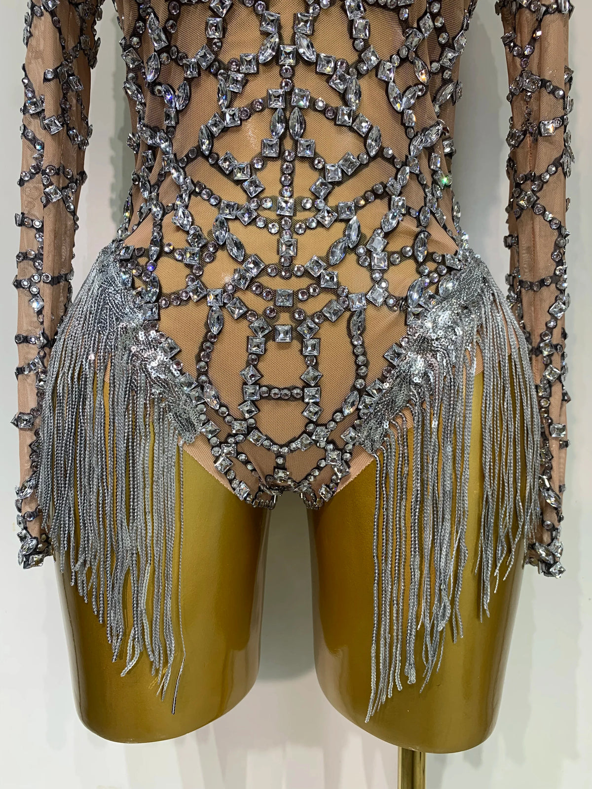 The Stardust Diamond Fringe Bodysuit – Luxury Rhinestone Mesh Stage Costume