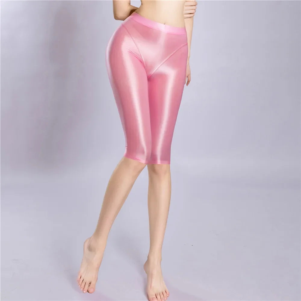 Women's Oil Glossy Sheer High-Waist Shaping Shorts Satin Smooth Leggings