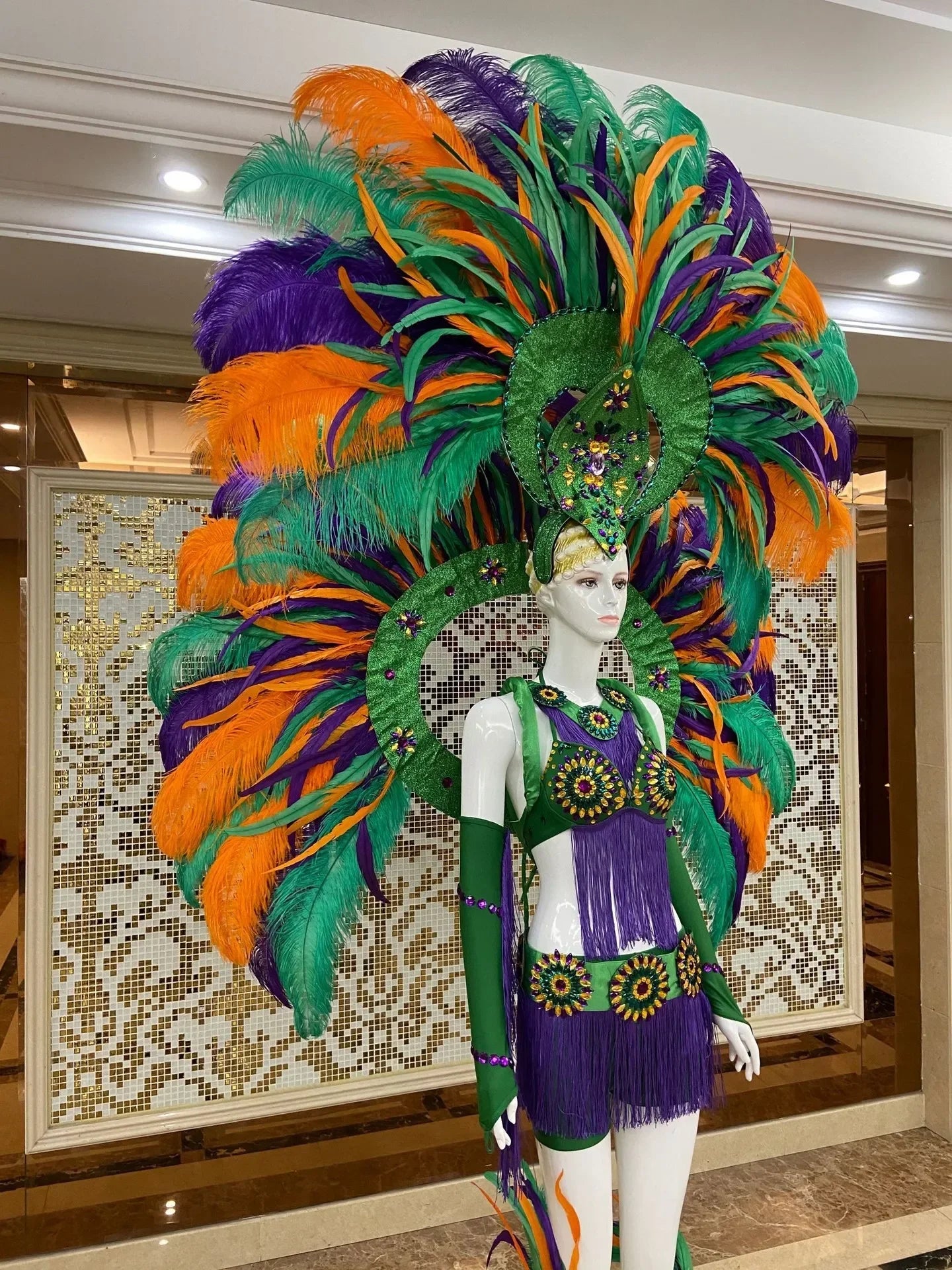 Regal Feathered Backpiece and Rhinestone Costume Set