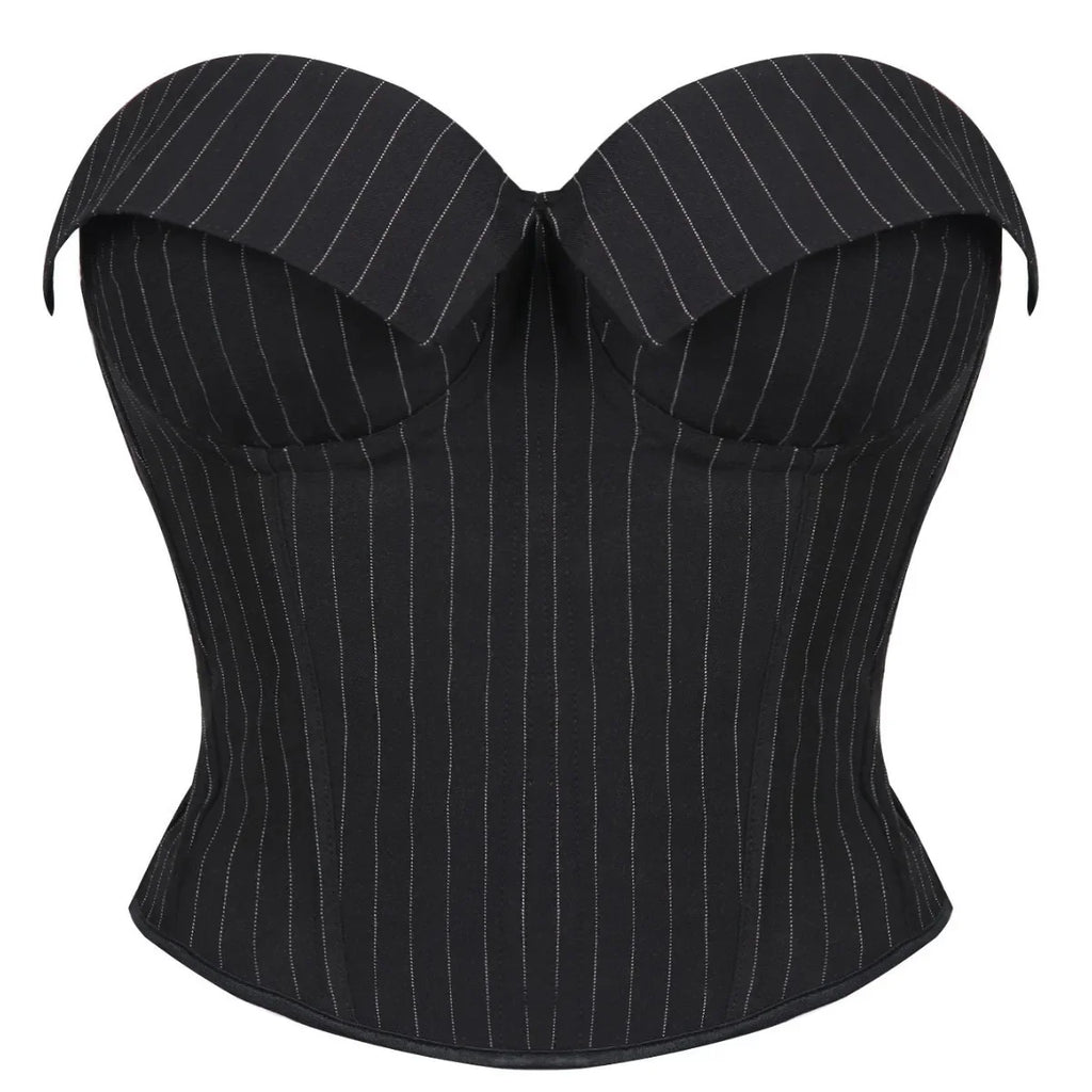 Black Striped Overbust Corset Top Zipper Front Lace-Up Bustier Body Shaper
