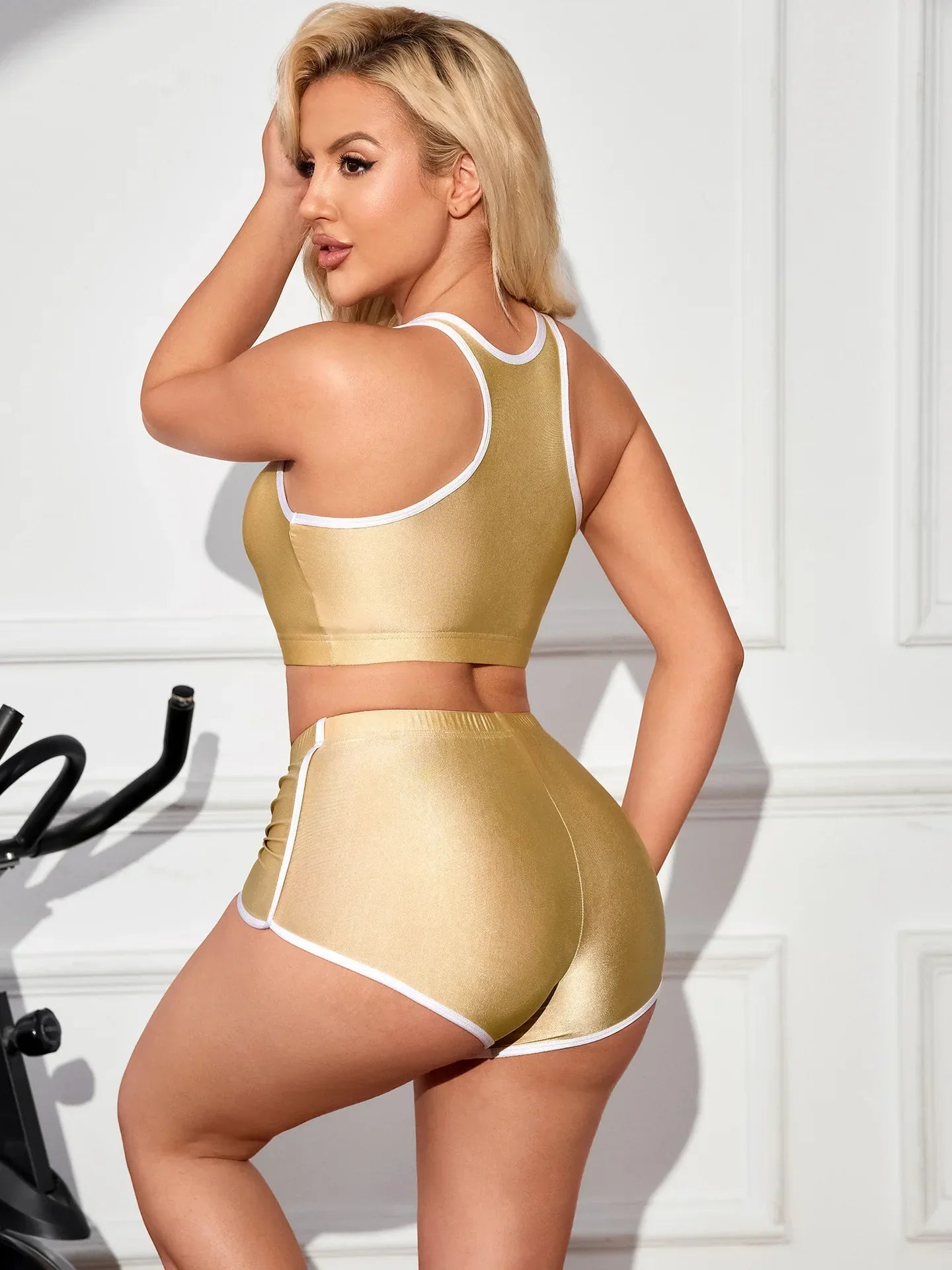 Metallic High-Stretch Crop Tank & Shaping Shorts 2-Piece Activewear Set