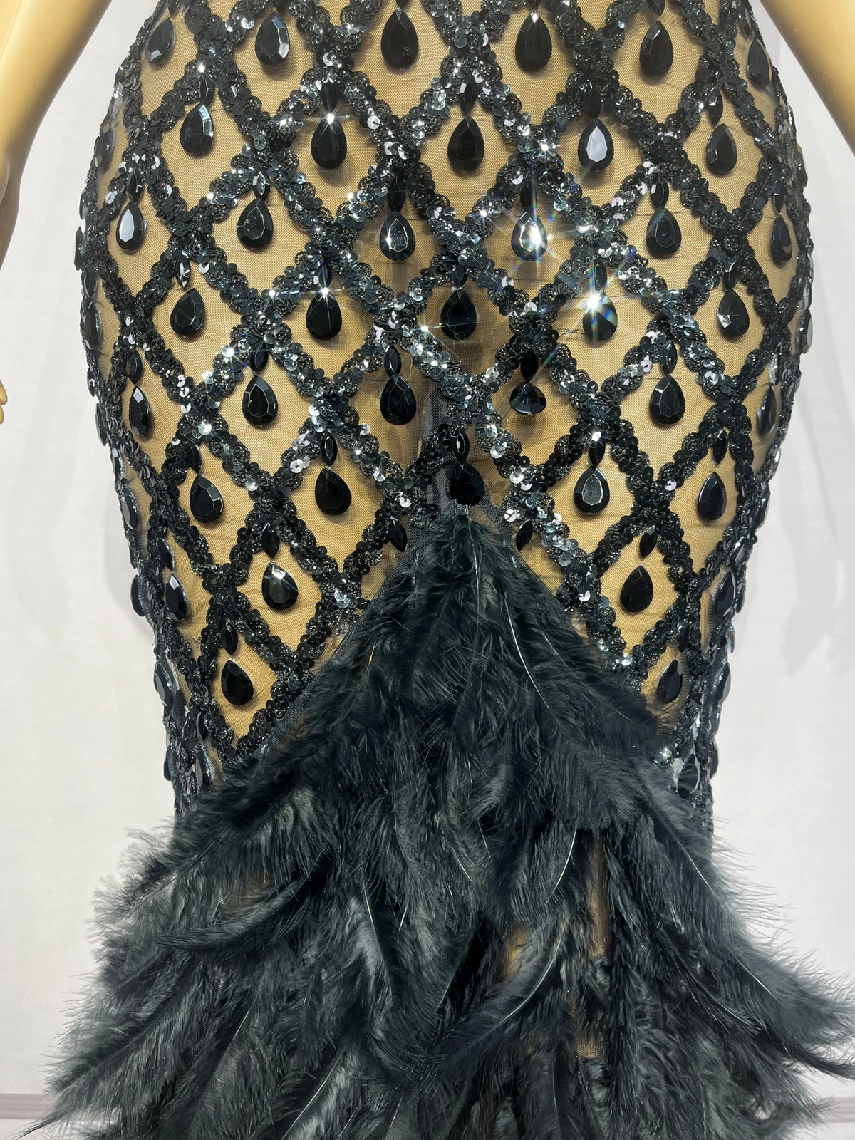 Sparkly Rhinestone Feather Sheer Mesh Evening Gown Stage Fashion Show Outfit