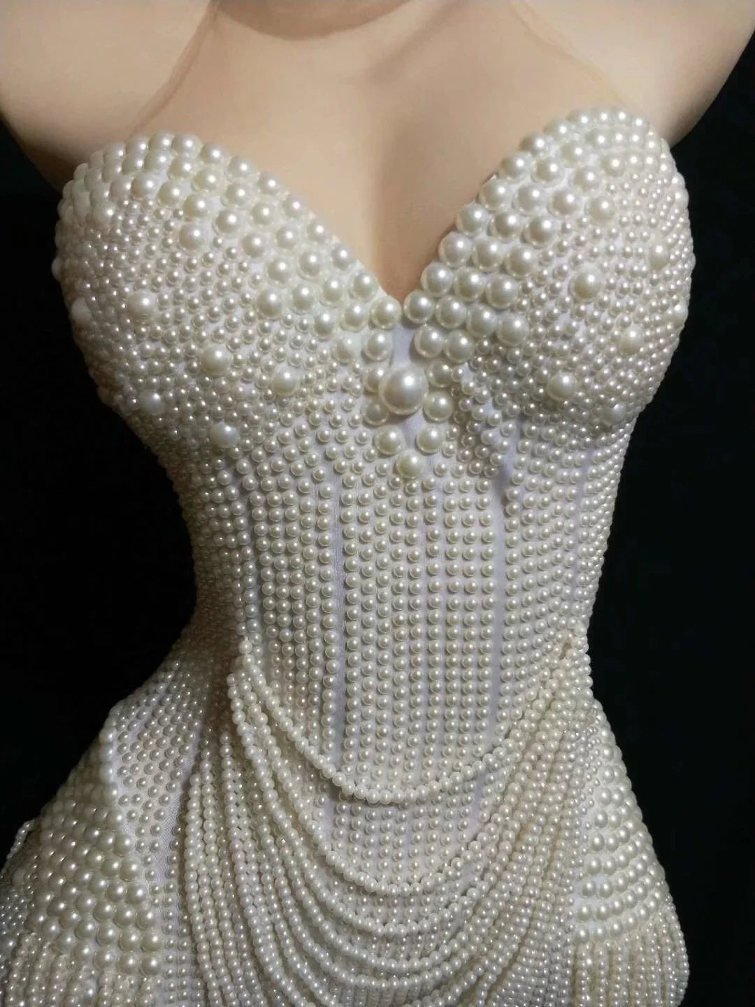 The Stardust Pearl Cascade Bodysuit – Luxury Beaded Tassel Showgirl Costume