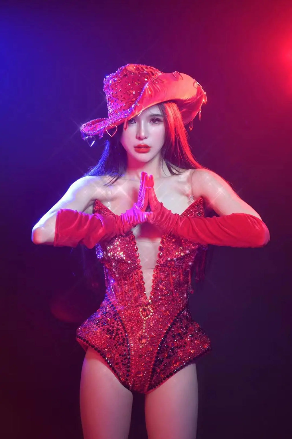 Western Cowboy Showgirl Bodysuit, Hat & Gloves 3-Piece Stage Costume Set