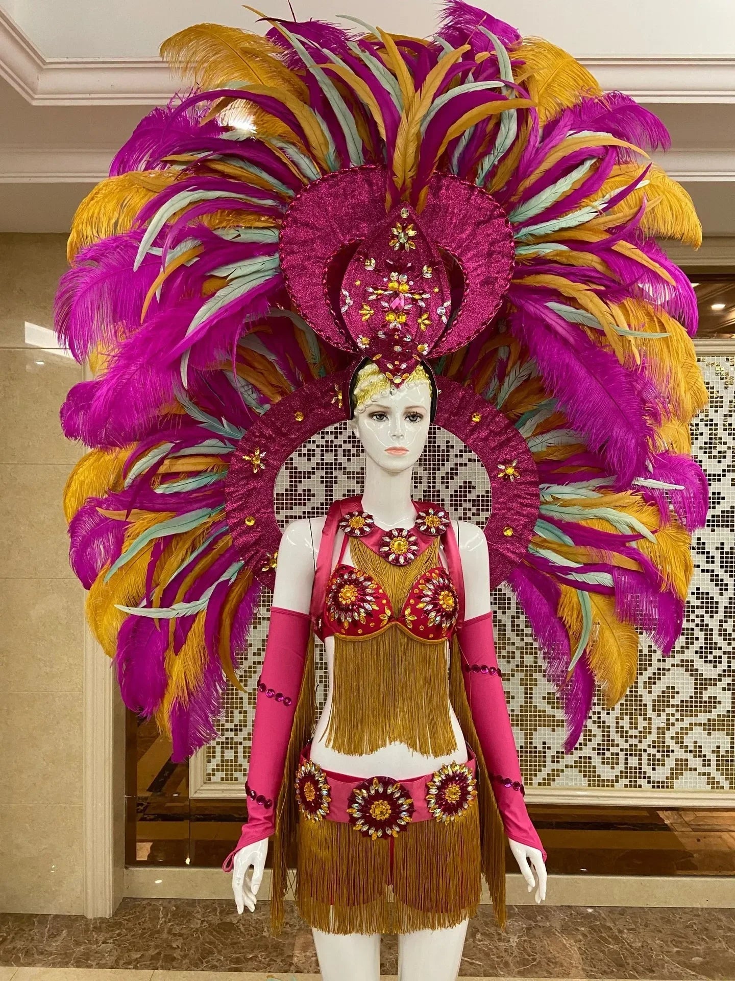 Regal Feathered Backpiece and Rhinestone Costume Set