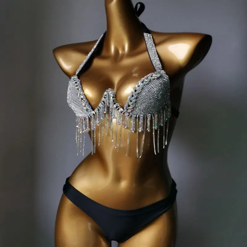 High-Fashion Crystal Mesh Bikini Set – Dazzling Rhinestone Bling Swimsuit & Showgirl Swimwear for Stage Performances & Raves