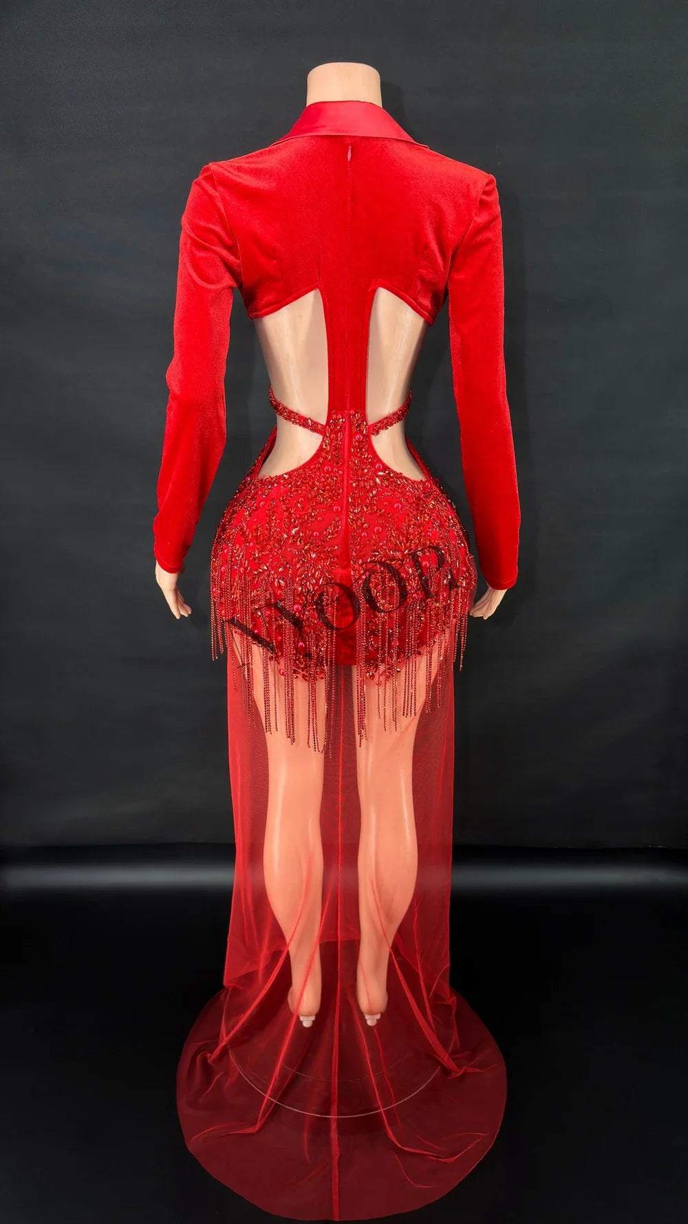 Sparkly Red Rhinestone Sheer Mesh Long Evening Gown Stage Performance Costume