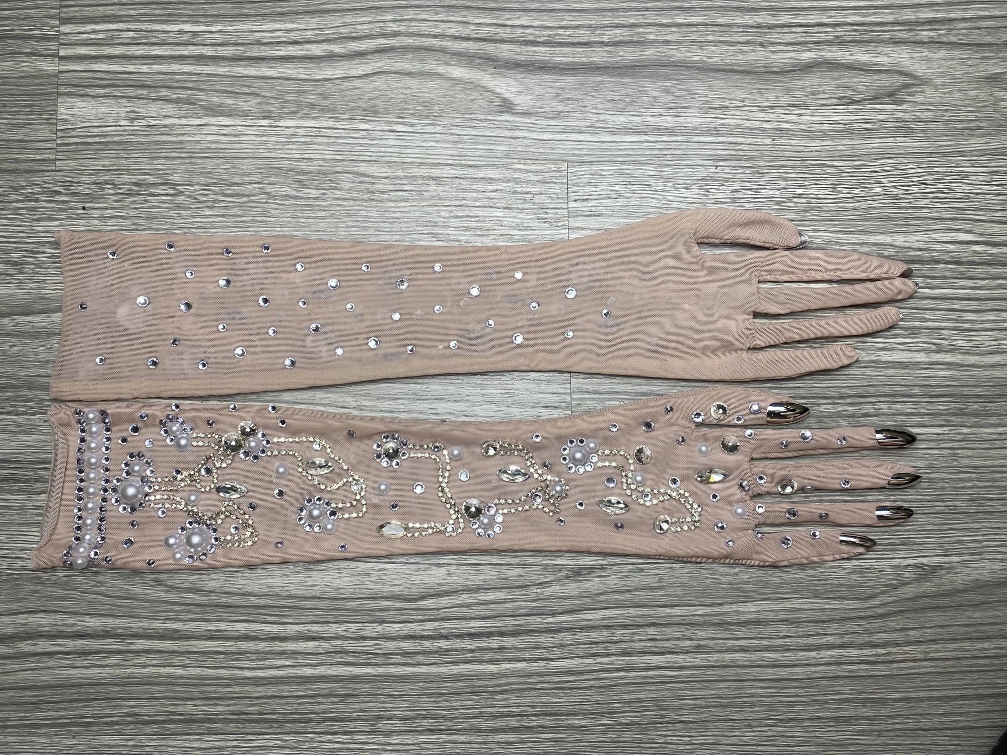 The Stardust Illusion Rhinestone Gloves – Luxury Crystal Mesh Opera Gloves
