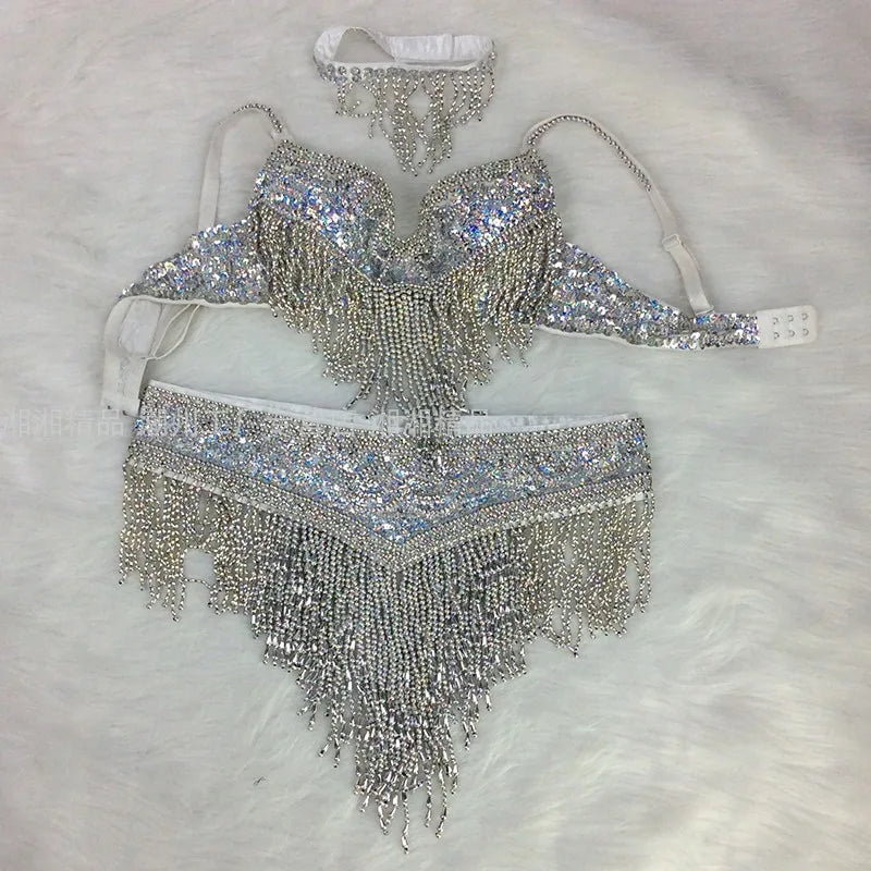 The Stardust Cabaret 2-Piece Ensemble – Luxury Sequin Fringe Bra & Belt Set