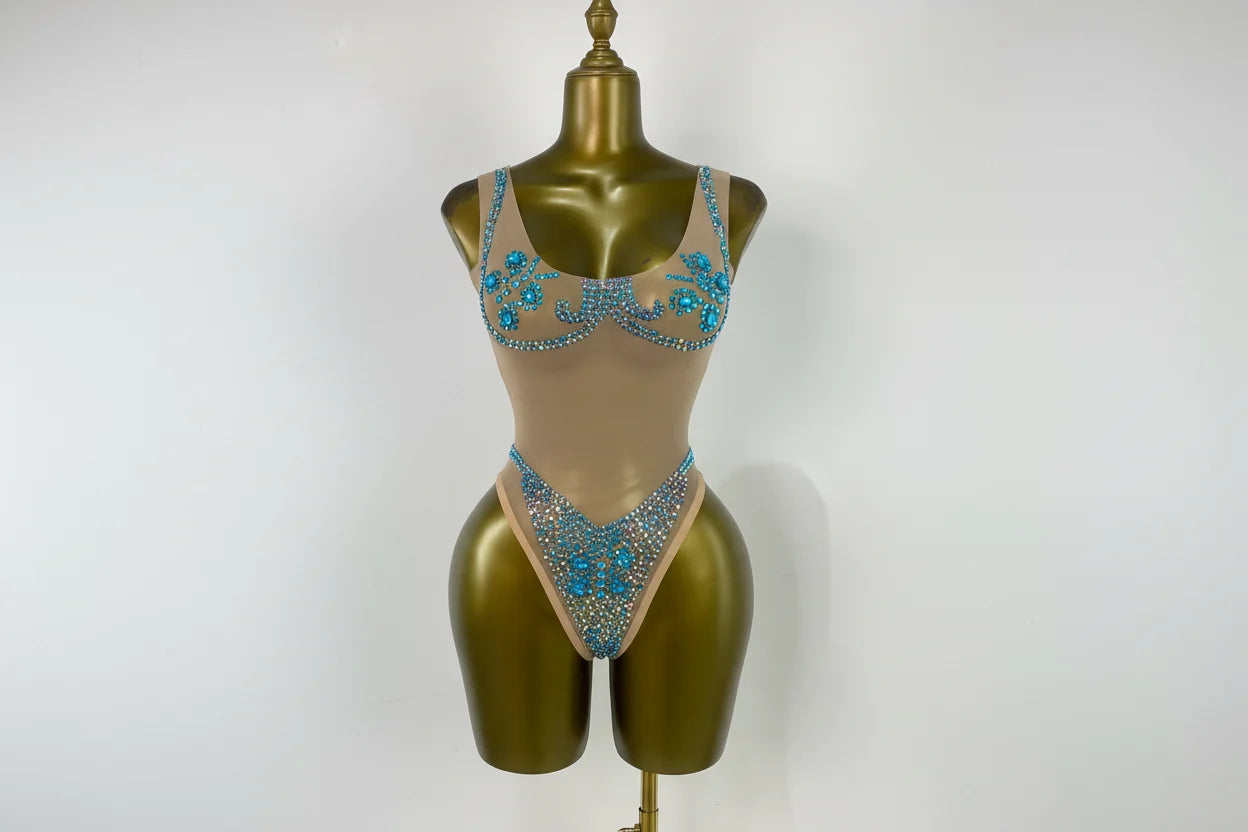 Geometric Rhinestone Mesh Performance Bodysuit