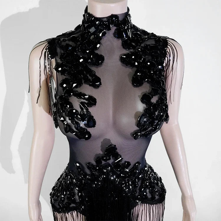 The Stardust Midnight Cabaret Bodysuit – Luxury Rhinestone & Mesh Showgirl Costume