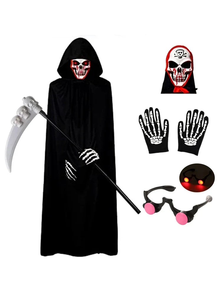 Kids Grim Reaper Costume with Glowing Red Eyes – Halloween Scary Outfit