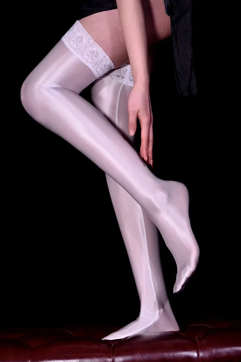 80D Lace Trim Oil Shiny Thigh-High Stockings Glossy Shaping Lingerie Stockings