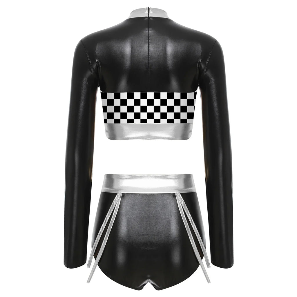 Fishnet Mesh & Metallic 2-Piece Bodysuit & Shorts Rave Costume Set