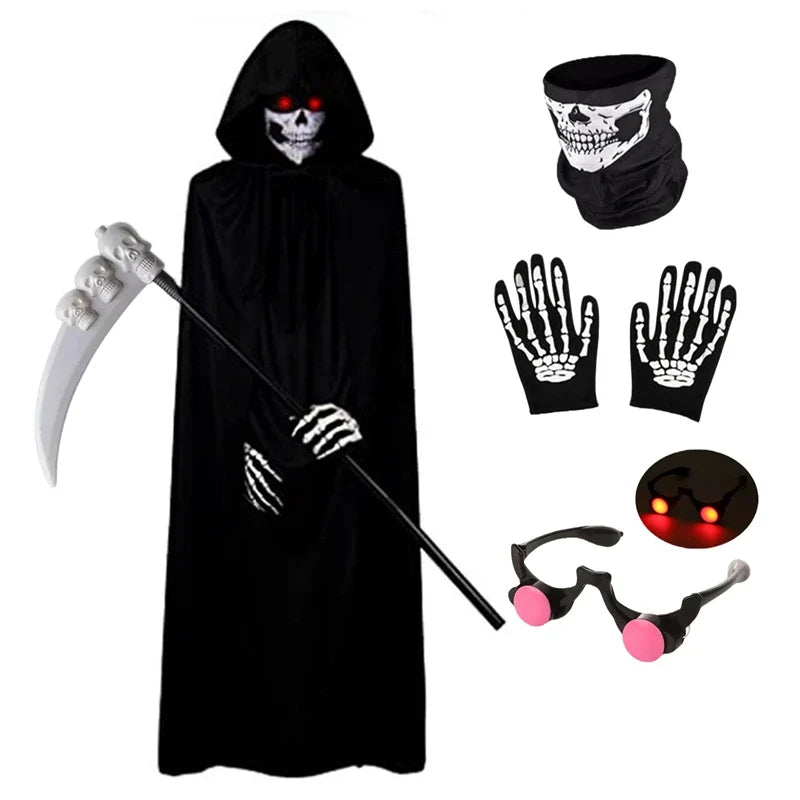 Kids Grim Reaper Costume with Glowing Red Eyes – Halloween Phantom Outfit