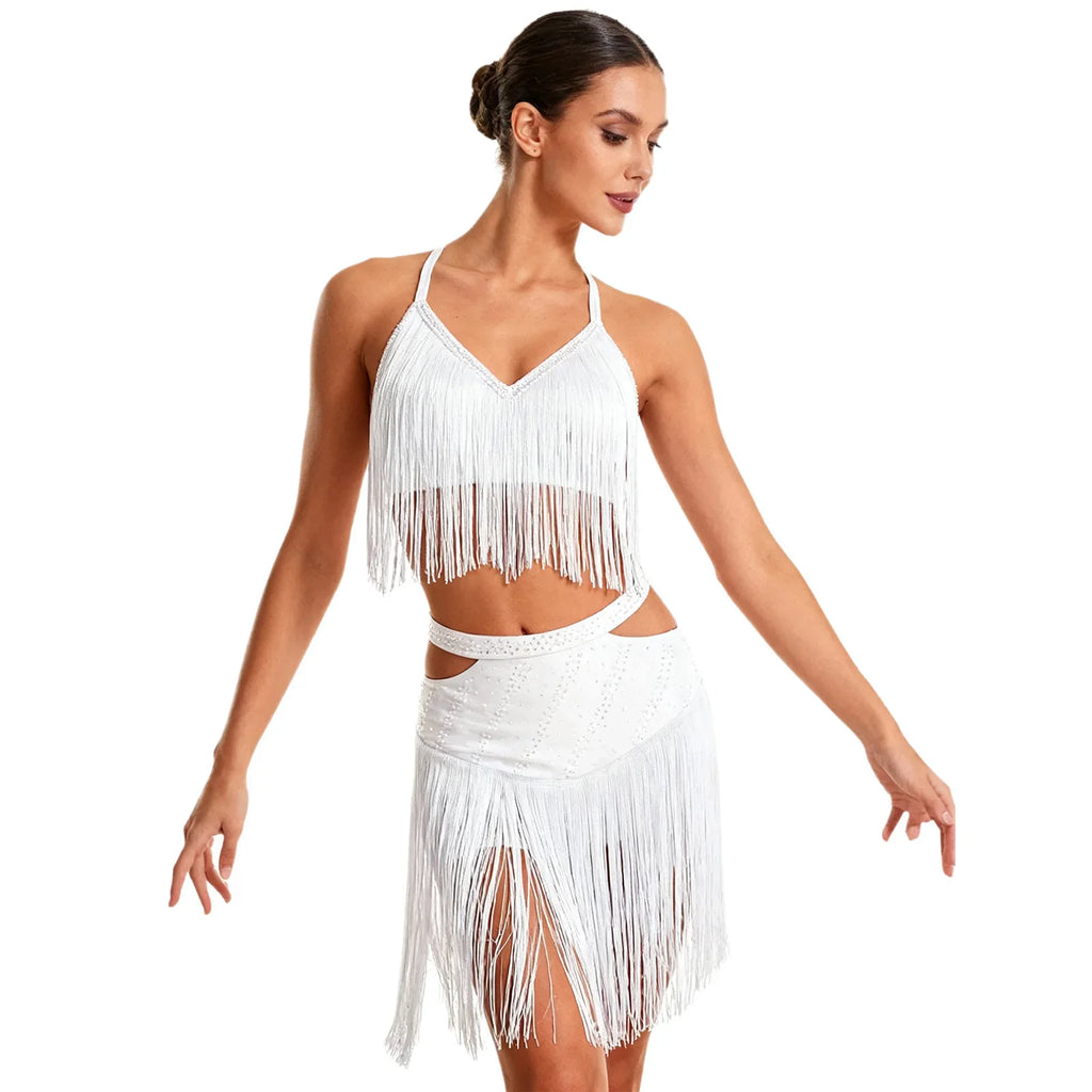 Sparkly Rhinestone & Tassel Fringe Two-Piece Latin Tango Dance Outfit Set