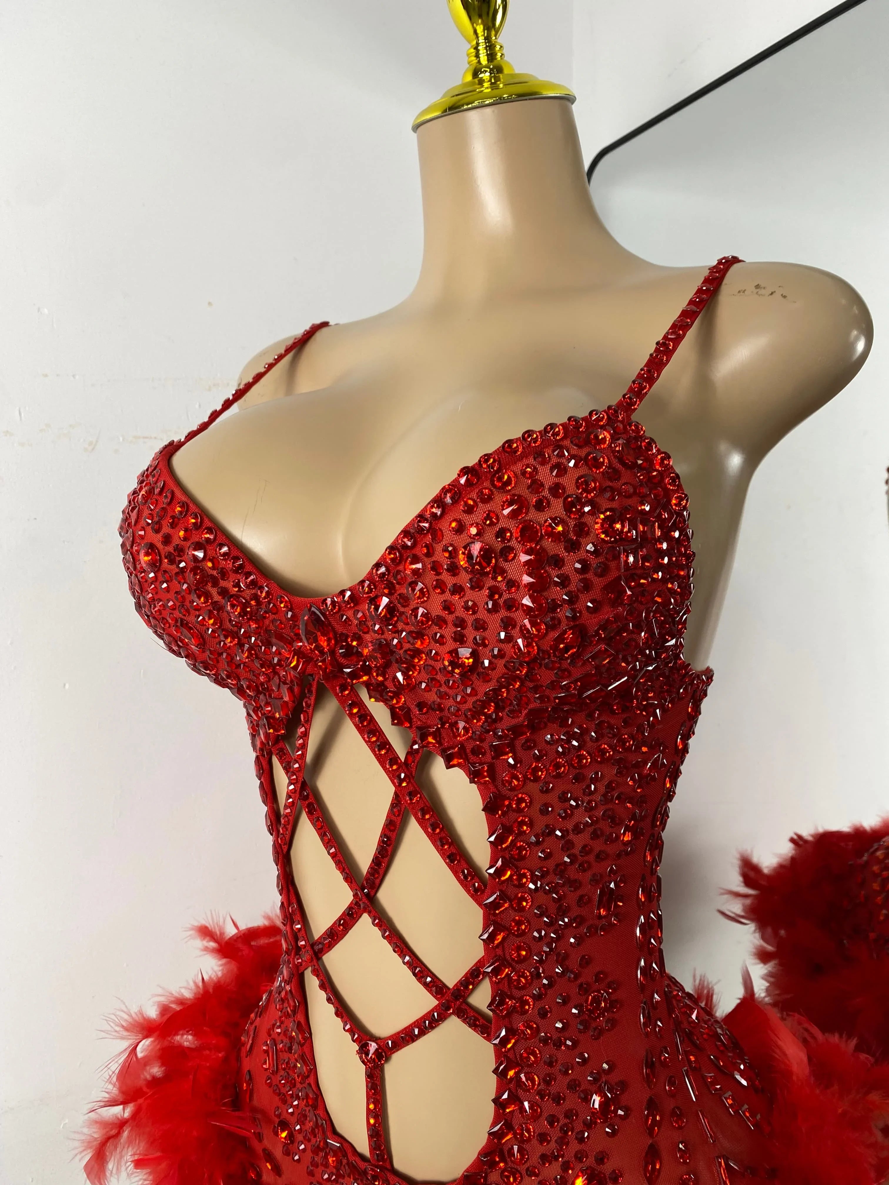 The Stardust Follies Feather Bodysuit – Luxury Rhinestone & Mesh Showgirl Costume