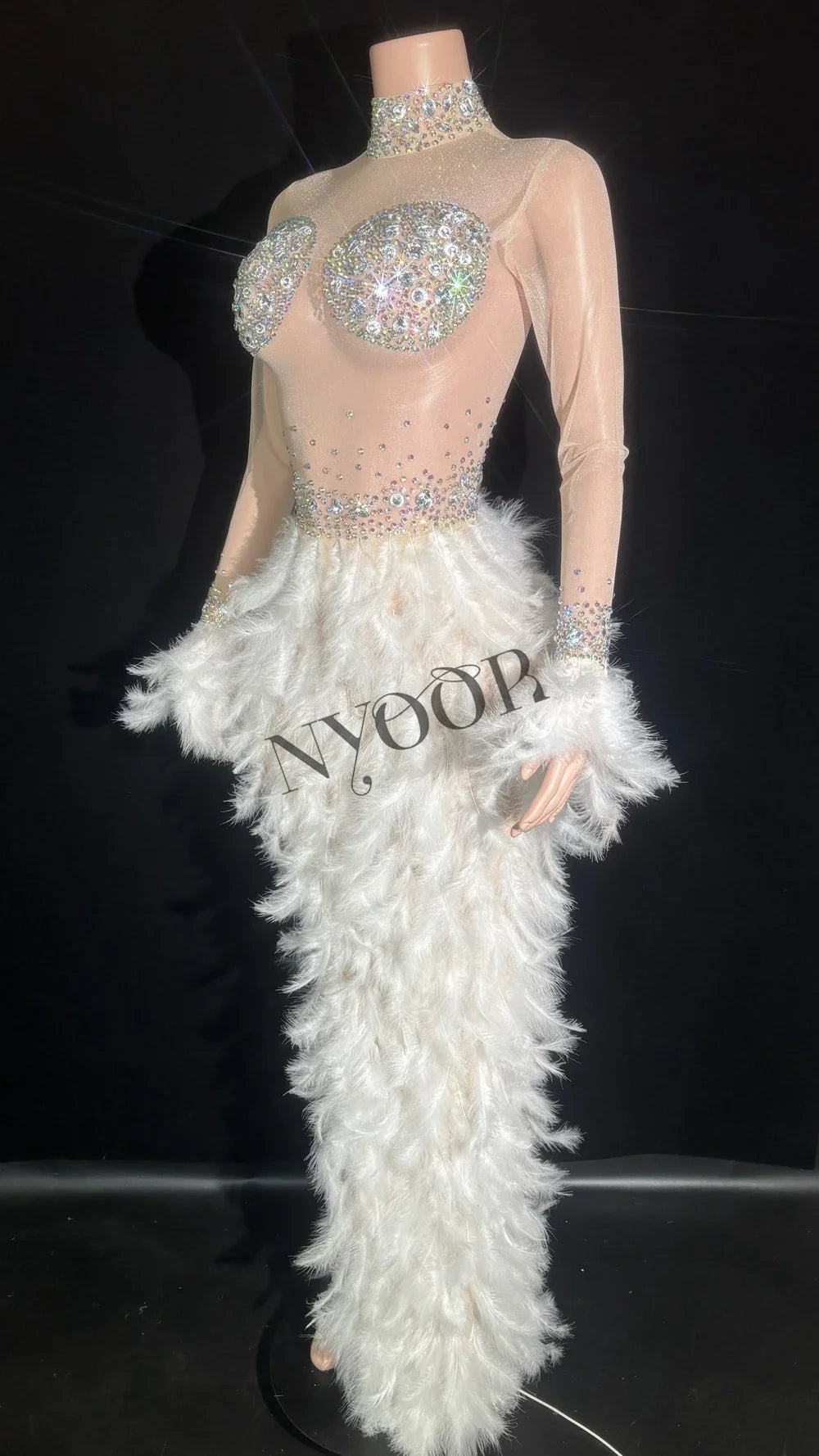 Sparkly White Rhinestone & Feather Sheer Mesh Long Evening Gown Stage Costume