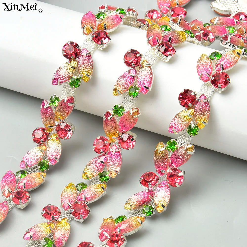 The Stardust Pink Blossom – Glitter Pink Leaf Glass Rhinestone Chain & Trim Applique