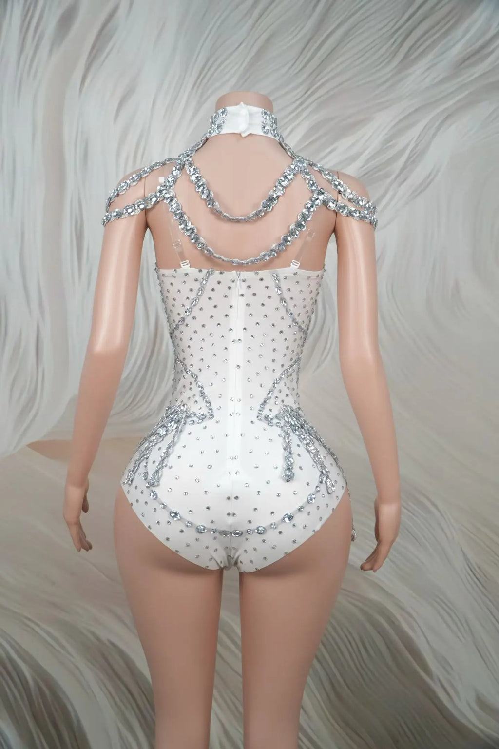 Sparkly Rhinestone Tassel Spandex Bodysuit Halter Dance Stage Costume Leotard